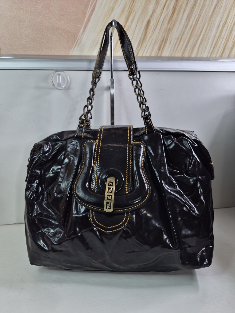Fendi Black Patent Tote Bag with Chain Handles